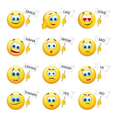 Sarı emojiler ve emojiler. Gerçekçi biçimdeki vektör illüstrasyonuName