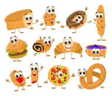 Beyaz arkaplanda gözleri olan Funny Bread seti, komik ürünler serisi, düz vektör illüstrasyonu