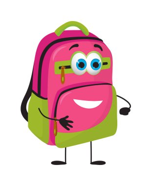 Beyaz arkaplanda gözleri olan komik okul çantası, düz tasarım vektör illüstrasyonu