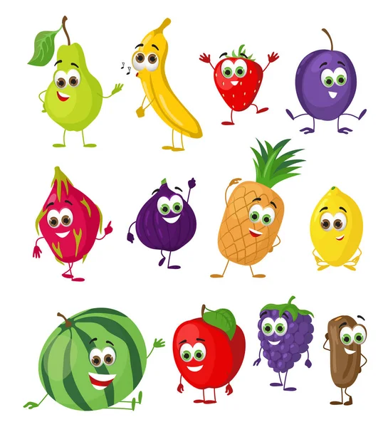 一组有趣的水果与眼睛 卡通有趣的水果人物平面矢量插图 — 图库矢量图片