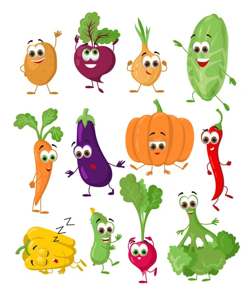 一组白色背景的有趣蔬菜 卡通片有趣的蔬菜人物 平面矢量插图 — 图库矢量图片