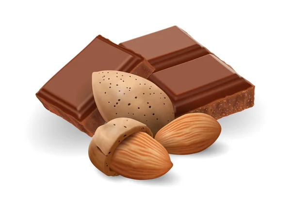 Barras Chocolate Rotas Con Almendras Sobre Fondo Blanco Ilustración Vectorial — Vector de stock