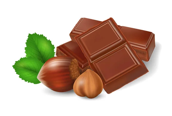 Broken Chocolate Bars Hazelnuts White Background Realistic Vector Illustration Close — Stock Vector