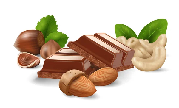 Barras Chocolate Quebradas Com Mistura Nozes Fundo Branco Ilustração Vetorial —  Vetores de Stock