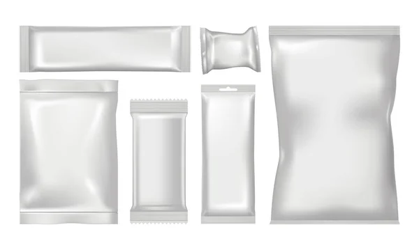 白い背景にブランク製品パッケージのセット 現実的なベクトルイラストのクローズアップ — ストックベクタ