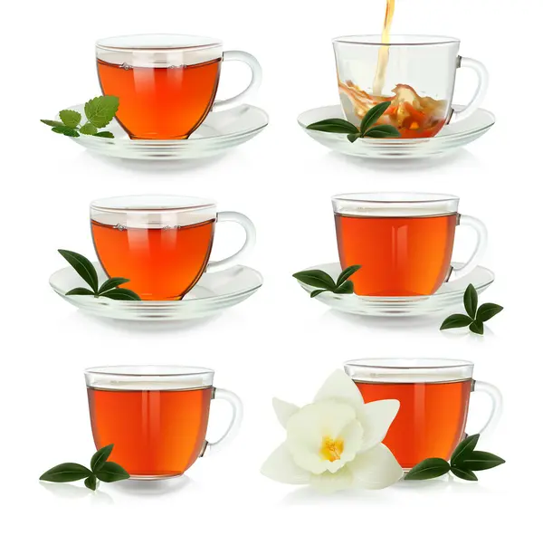 Set Tassen Tee Mit Grünen Blättern Auf Weißem Hintergrund Realistische — Stockvektor