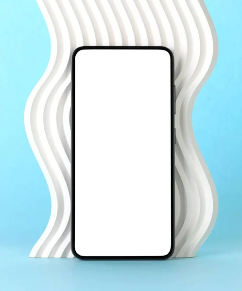白い装飾波の空白のスクリーンが付いているスマートな電話 ターコイズの背景 — ストック写真