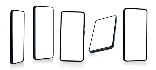 白い背景に隔離された別の側面のビューの空白スクリーンが付いているスマートな電話のセット — ストック写真