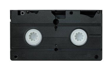Retro eski analog video kasetinin arkası, beyaz bir arkaplanda izole edilmiş, üst görünüm, eski şeyler kavramı