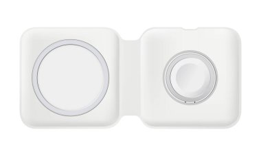 Beyaz arka planda Apple MagSafe Duo Charger, vektör çizimi. MagSafe Duo Charger, Apple 'dan taşınabilir bir aksesuardır.