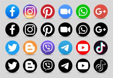 Kyiv, Ukrayna - 3 Temmuz 2021: Gölgeli siyah ve renkli popüler Sosyal Medya ve Mobil Uygulamalar seti: Facebook, Twitter, Instagram, Youtube, TikTok, Viber ve diğerleri. Vektör illüstrasyonu