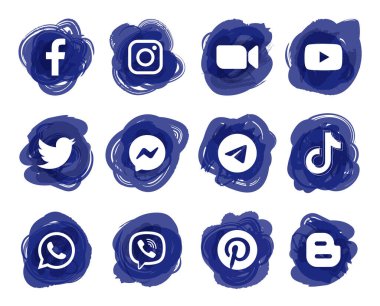 Kiev, Ukrayna - 3 Temmuz 2021: Popüler sosyal medya mavi mürekkebi kağıda basılmış: Facebook, Twitter, Instagram, Tiktok, Youtube ve diğerleri. Vektör illüstrasyonu