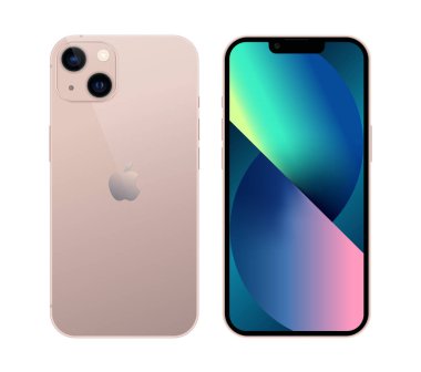 Kiev, Ukrayna - 05 Kasım 2021: Akıllı telefon Appe iPhone 13 önde ve arkada, resmi pembe renkli, beyaz arka planda. Gerçekçi vektör illüstrasyonu