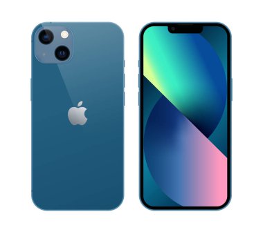 Kiev, Ukrayna - 05 Kasım 2021: Akıllı telefon Apple iPhone 13 önde ve arkada, resmi mavi renkli, beyaz arka planda. Gerçekçi vektör illüstrasyonu