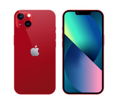 Kiev, Ukrayna - 05 Kasım 2021: Akıllı telefon Appe iPhone 13 önde ve arkada, resmi kırmızı renkli, beyaz arka planda. Gerçekçi vektör illüstrasyonu