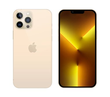 Kiev, Ukrayna - 05 Kasım 2021: Akıllı telefon Apple iPhone 13 Pro, önde ve arkada, resmi olarak altın renkli, beyaz arka planda. Gerçekçi vektör illüstrasyonu