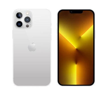 Kiev, Ukrayna - 05 Kasım 2021: Akıllı telefon Apple iPhone 13 Pro, önde ve arkada, resmi beyaz renkli, beyaz arka planda. Gerçekçi vektör illüstrasyonu