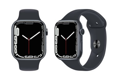 Kiev, Ukrayna - 05 Kasım 2021: Smart Wrist Watch - Apple Watch 7 serisi, önde ve yanda, resmi siyah renkli, beyaz arkaplanda. Gerçekçi vektör illüstrasyonu