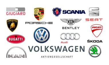 Kiyv, Ukrayna - 09 Kasım 2021: Popüler araba logoları koleksiyonu: Volkswagen, Audi, Seat, Bentley, Bugatti, Ducati, Giugiaro, Lamborghini, Scania, Skoda ve diğer, vektör çizimleri
