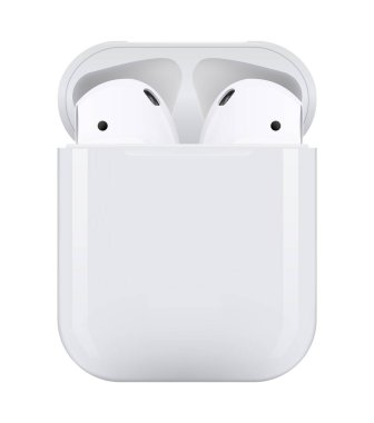 Kiev, Ukrayna - Nisan 06, 2022: Beyaz kablosuz kulaklıklar Apple AirPods serisi 2, beyaz arka plan. Gerçekçi vektör illüstrasyonu