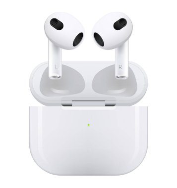 Kiev, Ukrayna - Nisan 06, 2022: Beyaz kablosuz kulaklıklar Apple AirPods serisi 3, beyaz arka plan. Gerçekçi vektör illüstrasyonu