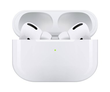 Kiev, Ukrayna - Nisan 06, 2022: Beyaz kablosuz kulaklıklar Apple Airpod Pro, beyaz arka planda. Gerçekçi vektör illüstrasyonu