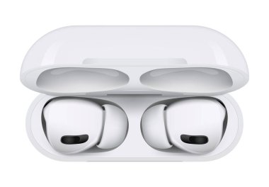 Kiev, Ukrayna - Nisan 06, 2022: Beyaz kablosuz kulaklıklar Apple Airpod Pro, beyaz arka planda. Gerçekçi vektör illüstrasyonu