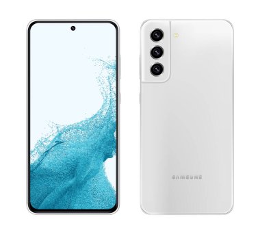 Kiev, Ukrayna - Nisan 06, 2022: Samsung Galaxy Galaxy S21 FE önde ve arkada, resmi beyaz renkli, beyaz arka planda. Gerçekçi vektör illüstrasyonu