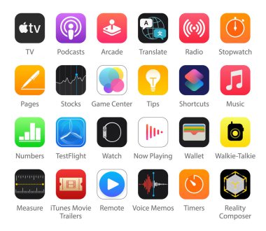 Kyiv, Ukrayna - 29 Nisan 2022: 24 popüler iOS Uygulama simgesi seti: TV, Podcast, Arcade, Tercüme, Radyo, Stopwatch ve diğerleri, vektör ilülasyonu