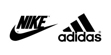 Kiev, Ukrayna - 10 Haziran 2022: Popüler üretim spor ayakkabı logoları koleksiyonu: Nike ve Adidas, beyaz arka planda, vektör illüstrasyonu