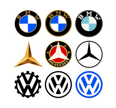 Kiev, Ukrayna - 10 Haziran 2022: Retro araba logoları koleksiyonu: Volkswagen, BMW ve Mercedes, beyaz arka planda, vektör illüstrasyonu