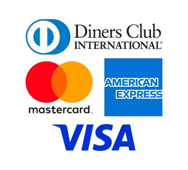 Kiev, Ukrayna - 10 Haziran 2022: Popüler ödeme sistemi logoları koleksiyonu: American Express, MasterCard, Visa ve Diners Club International, beyaz arka plan, vektör illüstrasyonu