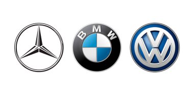 Kiyv, Ukrayna - 28 Temmuz 2022: Popüler Alman otomobil logoları koleksiyonu: BMW, Mercedes ve Volkswagen vektör çizimi
