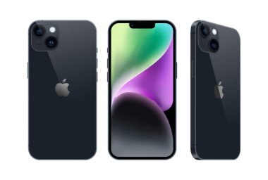 Kiev, Ukrayna - 28 Eylül 2022: Farklı taraflarda, resmi gece yarısı renklerinde, beyaz arkaplanda Smart phone Apple iPhone 14 seti. Gerçekçi vektör illüstrasyonu