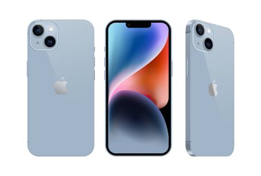 Kiev, Ukrayna - 28 Eylül 2022: Farklı taraflarda, resmi mavi renkte, beyaz arkaplanda Smart phone Apple iPhone 14 seti. Gerçekçi vektör illüstrasyonu