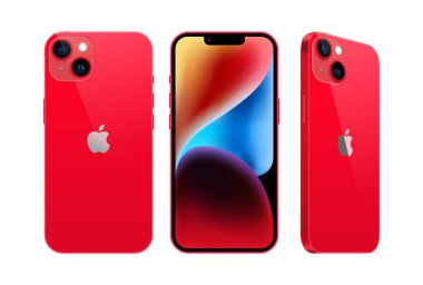 Kiev, Ukrayna - 28 Eylül 2022: Farklı taraflarda, resmi kırmızı renkte, beyaz arkaplanda Smart phone Apple iPhone 14 seti. Gerçekçi vektör illüstrasyonu