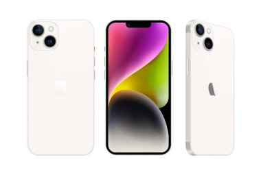 Kiev, Ukrayna - 28 Eylül 2022: Farklı taraflarda, resmi yıldız ışığı renginde, beyaz arkaplanda Smart phone Apple iPhone 14 seti. Gerçekçi vektör illüstrasyonu