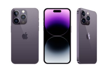 Kiev, Ukrayna - 28 Eylül 2022: Akıllı Telefon Apple iPhone 14 Pro seti farklı taraflarda, resmi derin mor renkli, beyaz arkaplanda. Gerçekçi vektör illüstrasyonu
