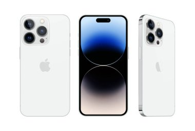 Kiev, Ukrayna - 28 Eylül 2022: Farklı taraflarda, resmi gümüş renkli, beyaz arkaplanda Smart phone Apple iPhone 14 Pro seti. Gerçekçi vektör illüstrasyonu