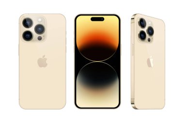 Kiev, Ukrayna - 28 Eylül 2022: Farklı taraflarda, resmi altın rengi, beyaz arkaplanda Smart phone Apple iPhone 14 Pro seti. Gerçekçi vektör illüstrasyonu
