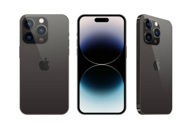 Kiev, Ukrayna - 28 Eylül 2022: Akıllı Telefon Apple iPhone 14 Pro seti farklı taraflarda, resmi uzay siyah renginde, beyaz arkaplanda. Gerçekçi vektör illüstrasyonu