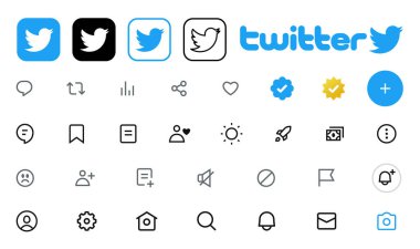 Kyiv, Ukrayna - 29 Şubat 2023: Mobil Uygulama Arayüz simgeleri ve logoları Twitter seti. Sosyal medya arayüzü şablon koleksiyonu. İllüstrasyon Editörü