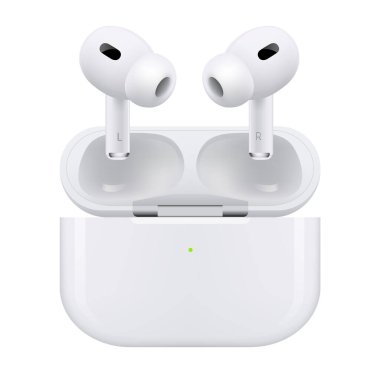 Kyiv, Ukrayna - 28 Mart 2023: Tüm New AirPods Pro MagSafe Charging Case, beyaz kablosuz kulaklıklar, beyaz arka plan. Yepyeni H2 çipi.