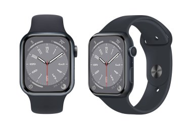 Apple Watch Serisi 8, önden ve yandan, resmi gece yarısı renginde, beyaz arka planda, vektör illüstrasyonunda. Senin esaslı arkadaşın daha güçlü.