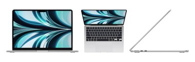 Yeni Apple MacBook Air seti, gümüş renkli M2 çip, gerçekçi vektör çizimi. MacBook Air, Apple tarafından geliştirilen ve üretilen dizüstü bilgisayar serisidir.