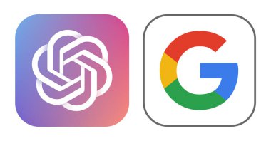 Beyaz arkaplandaki OpenAI ve Google Chatbot simgeleri, vektör illüstrasyonu. En iyi AI şirketlerinin rekabet konsepti