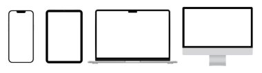 Apple aygıtları ve aygıtları seti: MacBook 14 Pro, iMac, iPad mini ve iPhone 14, beyaz arka planda, gerçekçi vektör illüstrasyonu