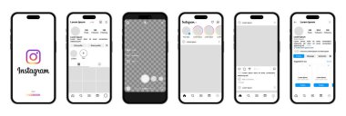 Beyaz arkaplanda Instagram UI şablonlu iPhone 14 Pro akıllı telefonlar seti, vektör illüstrasyonu