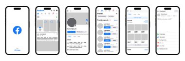 Beyaz arkaplanda Facebook UI şablonları olan iPhone 14 Pro akıllı telefonlar seti, vektör illüstrasyonu