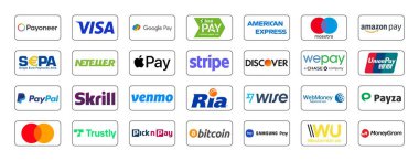 Popüler Ödeme Sistemi sanal düğmeleri: Google Pay, Payoneer, American Express, MasterCard, Visa ve diğerleri, beyaz arka planda, web tasarımı, vektör ilüstrasyonu için